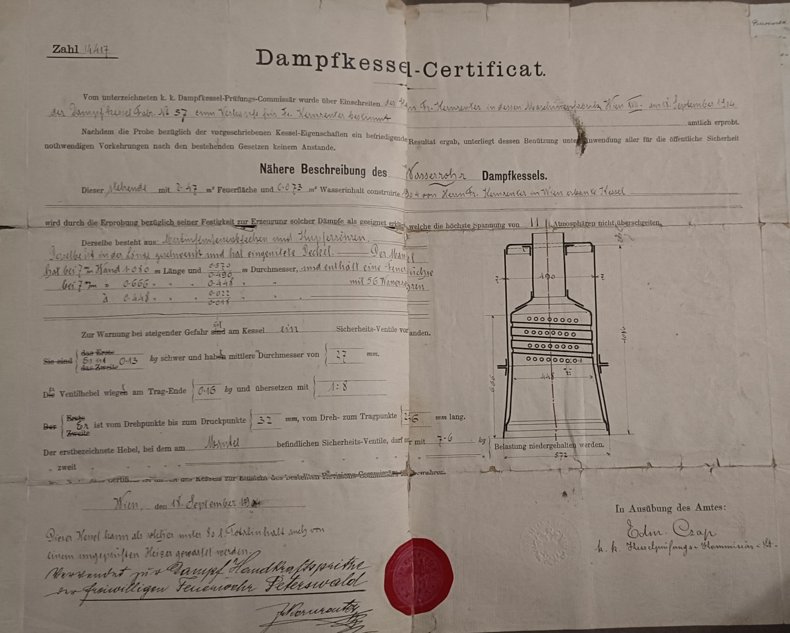 Certifikát parního kotle 1894